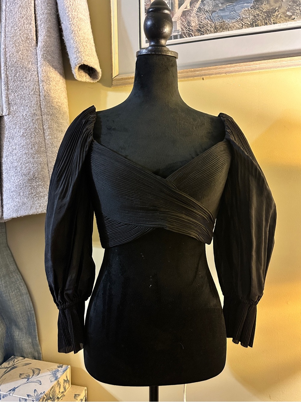 Zimmermann Pleated Sweetheart Neck Black Wrap Crop Top with Puff Sleeves